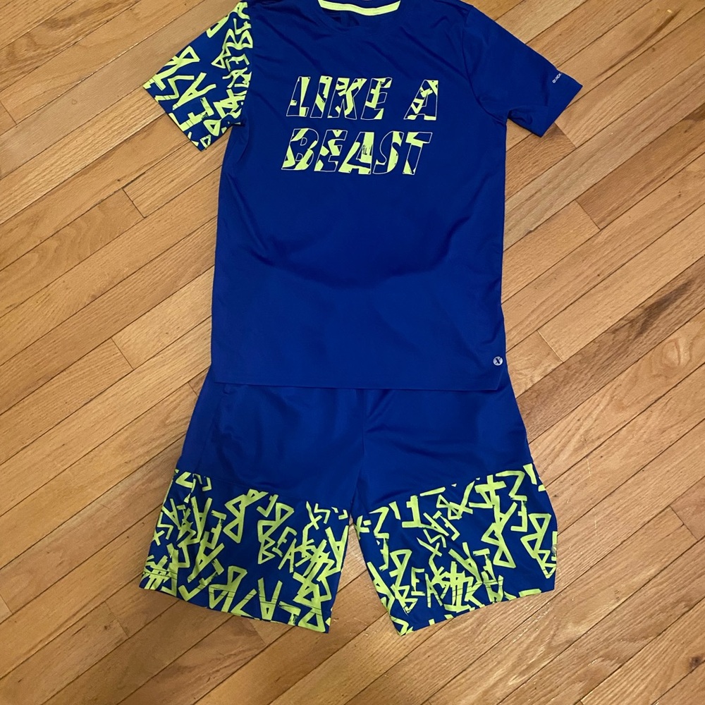 Xersion Blue and Neon Yellow Kids Rashguard Set